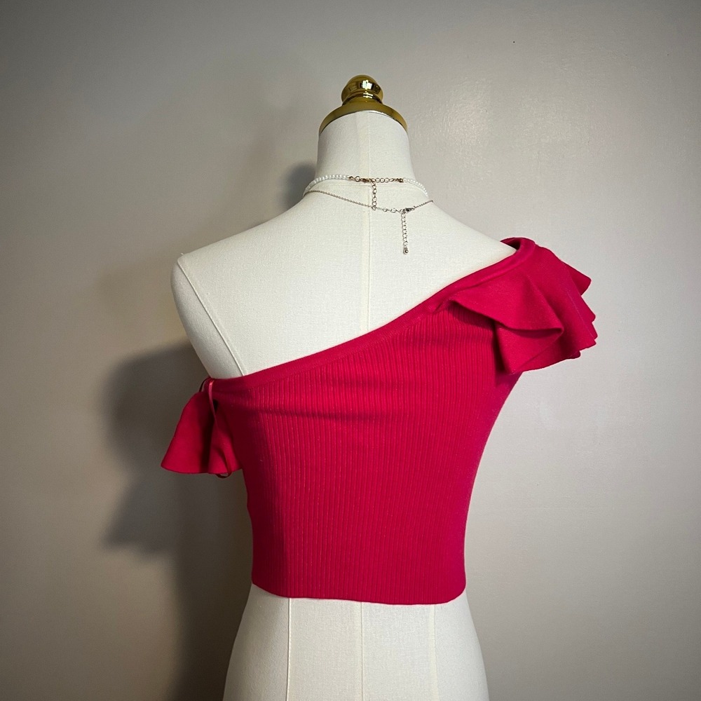 Express Womens Fuchsia Pink Ribbed One Shoulder Ruffle Crop Top Size Small - Picture 3 of 7